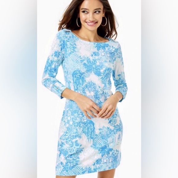 Lilly Pulitzer Blue Toile Me About It Sophie Dress White Long Sleeve UPF 50 L - Picture 1 of 12